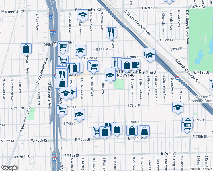 map of restaurants, bars, coffee shops, grocery stores, and more near 7139 South Prairie Avenue in Chicago