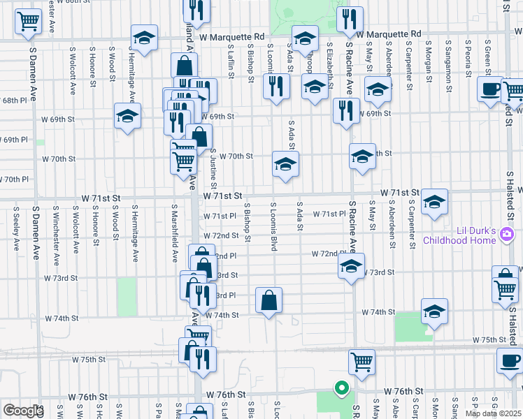map of restaurants, bars, coffee shops, grocery stores, and more near 1425 West 71st Street in Chicago