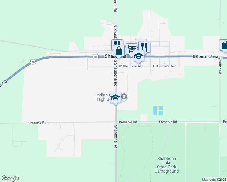 map of restaurants, bars, coffee shops, grocery stores, and more near 405 South Shabbona Road in Shabbona