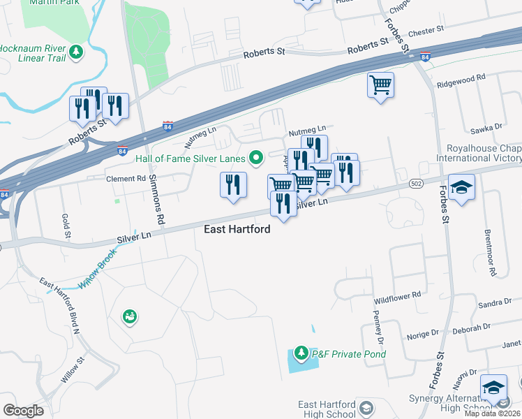 map of restaurants, bars, coffee shops, grocery stores, and more near 738 Silver Lane in East Hartford