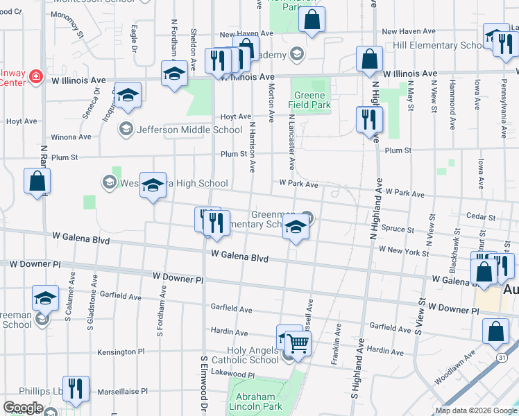 map of restaurants, bars, coffee shops, grocery stores, and more near 843 Spruce Street in Aurora