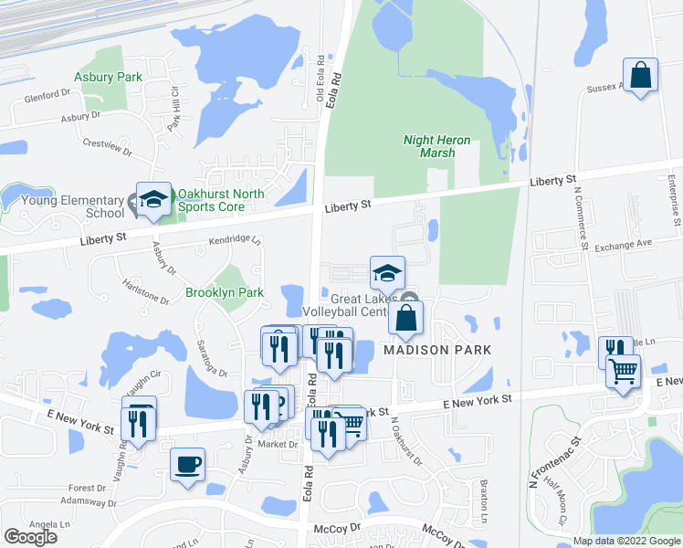 map of restaurants, bars, coffee shops, grocery stores, and more near 819 North Eola Road in Aurora