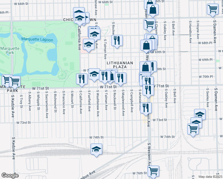 map of restaurants, bars, coffee shops, grocery stores, and more near 2609 West 71st Street in Chicago