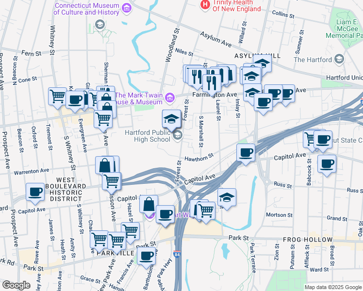 map of restaurants, bars, coffee shops, grocery stores, and more near 65 Forest Street in Hartford