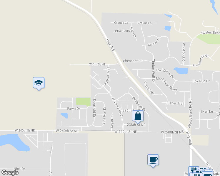map of restaurants, bars, coffee shops, grocery stores, and more near 1583 Ponds Edge Court in North Liberty