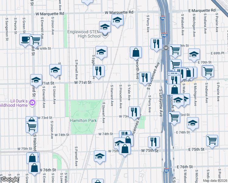 map of restaurants, bars, coffee shops, grocery stores, and more near 7129 South Harvard Avenue in Chicago