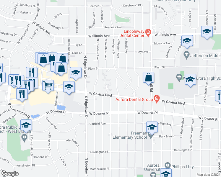 map of restaurants, bars, coffee shops, grocery stores, and more near 1633 Tallwood Place in Aurora