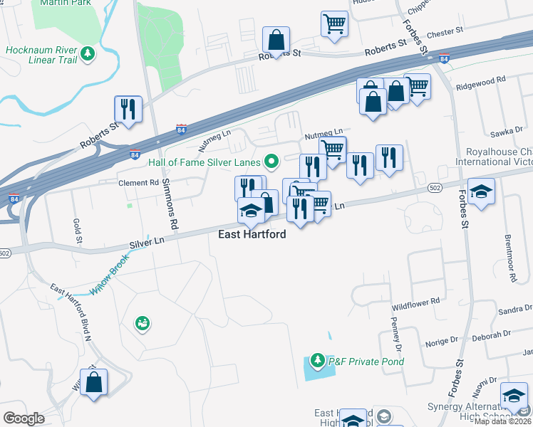 map of restaurants, bars, coffee shops, grocery stores, and more near 738 Silver Lane in East Hartford