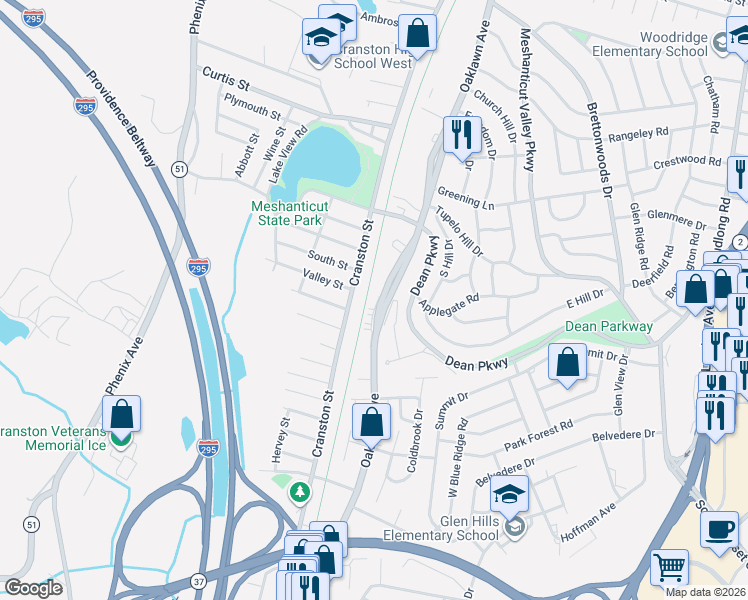 map of restaurants, bars, coffee shops, grocery stores, and more near 385 Oaklawn Avenue in Cranston