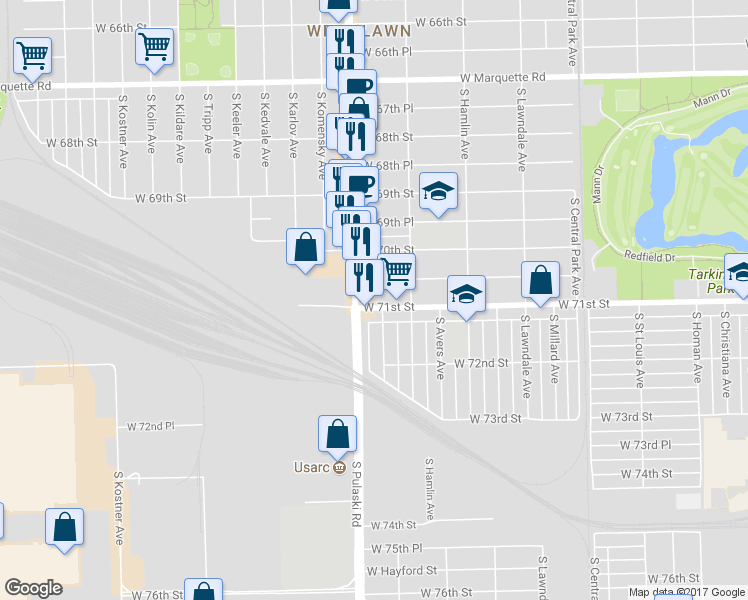 map of restaurants, bars, coffee shops, grocery stores, and more near 3940 W 71st St in Chicago
