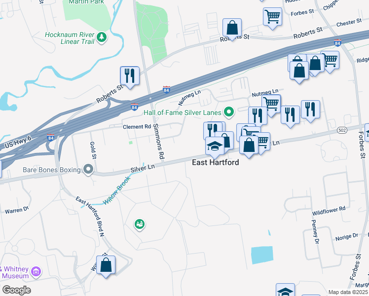 map of restaurants, bars, coffee shops, grocery stores, and more near 656 Silver Lane in East Hartford