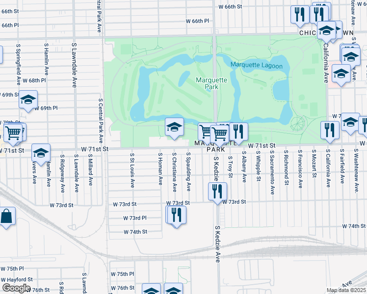 map of restaurants, bars, coffee shops, grocery stores, and more near 3330 West 71st Street in Chicago