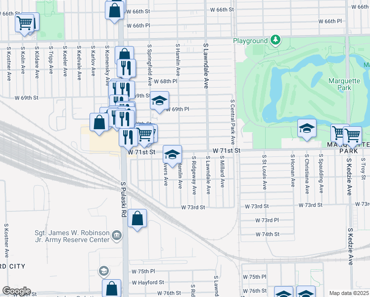 map of restaurants, bars, coffee shops, grocery stores, and more near 3748 West 71st Street in Chicago