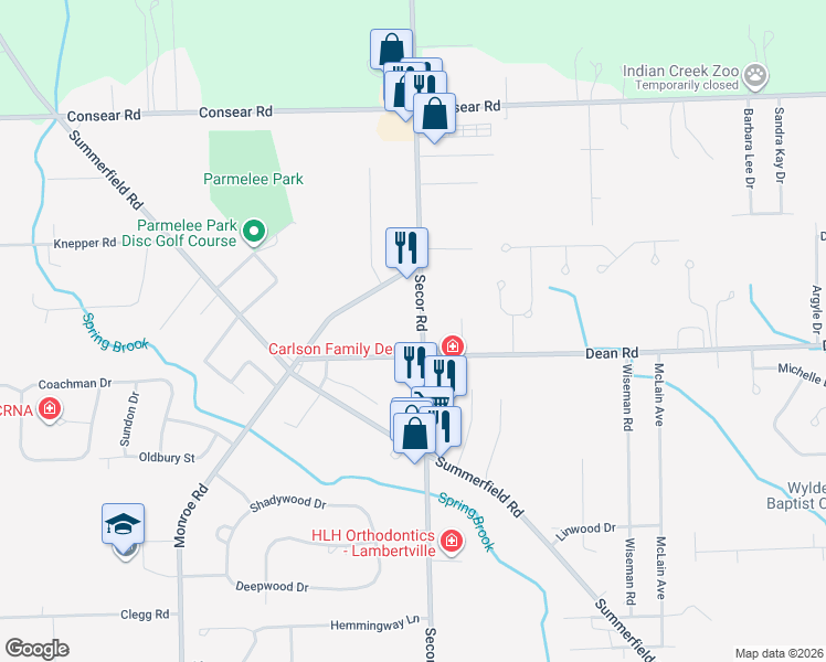 map of restaurants, bars, coffee shops, grocery stores, and more near 8207 Secor Road in Lambertville