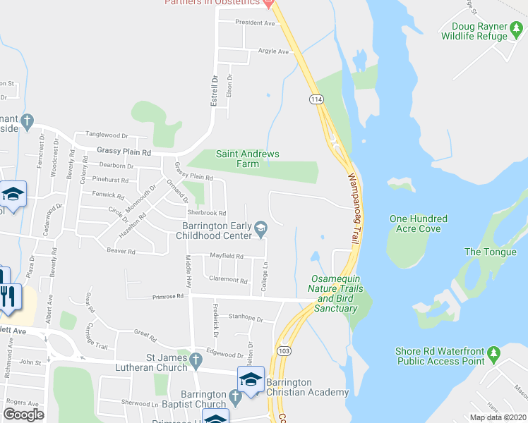 map of restaurants, bars, coffee shops, grocery stores, and more near 27 Pinetop Road in Barrington