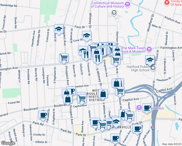 map of restaurants, bars, coffee shops, grocery stores, and more near 60 Tremont Street in Hartford
