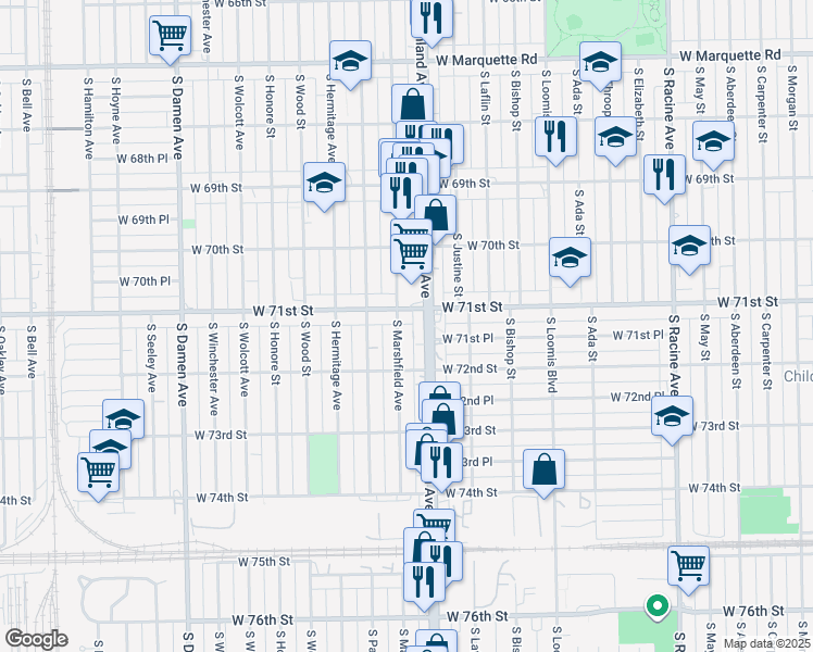 map of restaurants, bars, coffee shops, grocery stores, and more near 7115 South Marshfield Avenue in Chicago