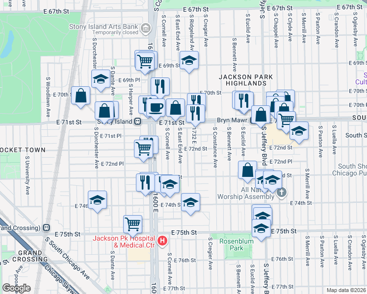 map of restaurants, bars, coffee shops, grocery stores, and more near 7157 South East End Avenue in Chicago