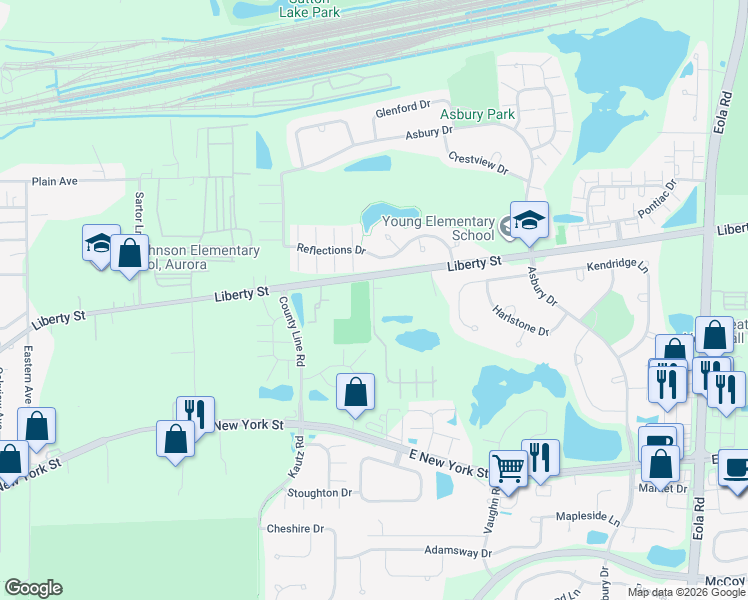 map of restaurants, bars, coffee shops, grocery stores, and more near 534 Wolverine Drive in Aurora