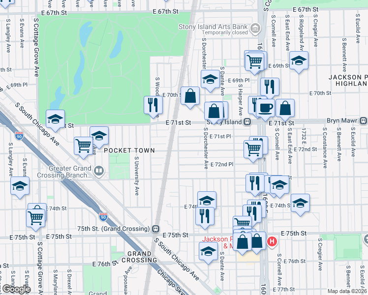 map of restaurants, bars, coffee shops, grocery stores, and more near 1310 East 72nd Street in Chicago