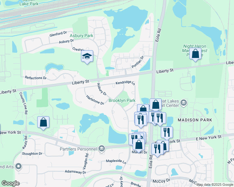 map of restaurants, bars, coffee shops, grocery stores, and more near 634 Brooklyn Drive in Aurora