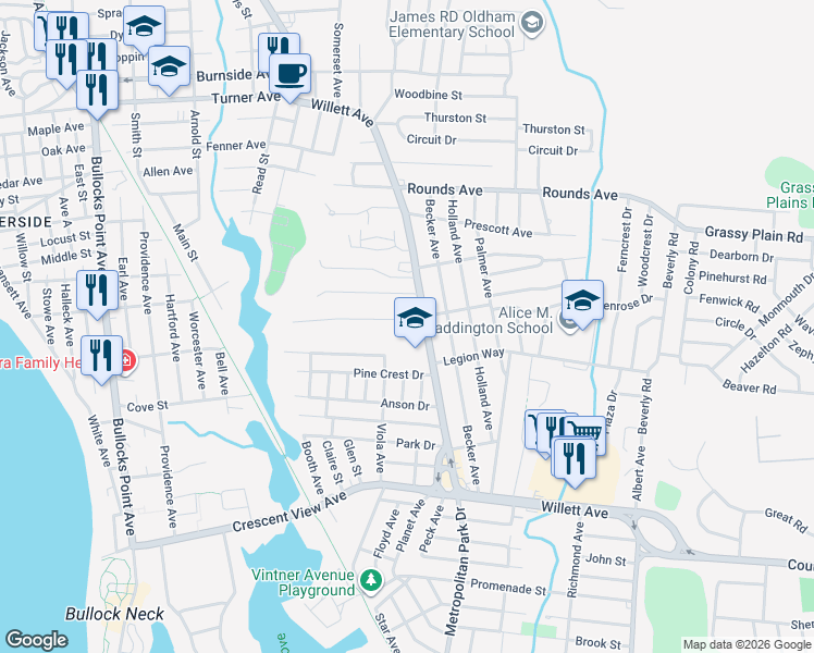 map of restaurants, bars, coffee shops, grocery stores, and more near 14 Lindy Avenue in East Providence