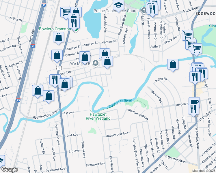 map of restaurants, bars, coffee shops, grocery stores, and more near 80 Perkins Avenue in Cranston