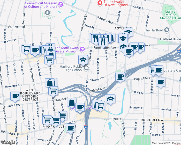 map of restaurants, bars, coffee shops, grocery stores, and more near 55 Forest Street in Hartford