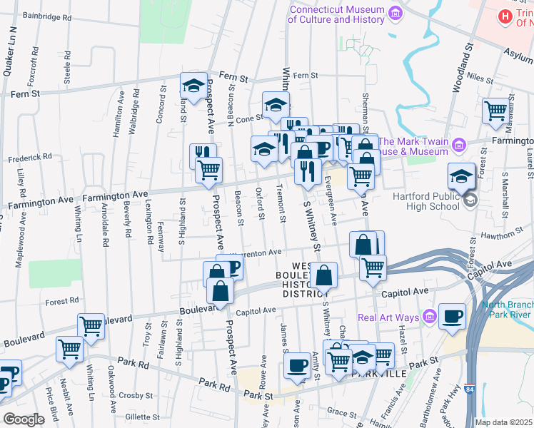 map of restaurants, bars, coffee shops, grocery stores, and more near 63 Tremont Street in Hartford