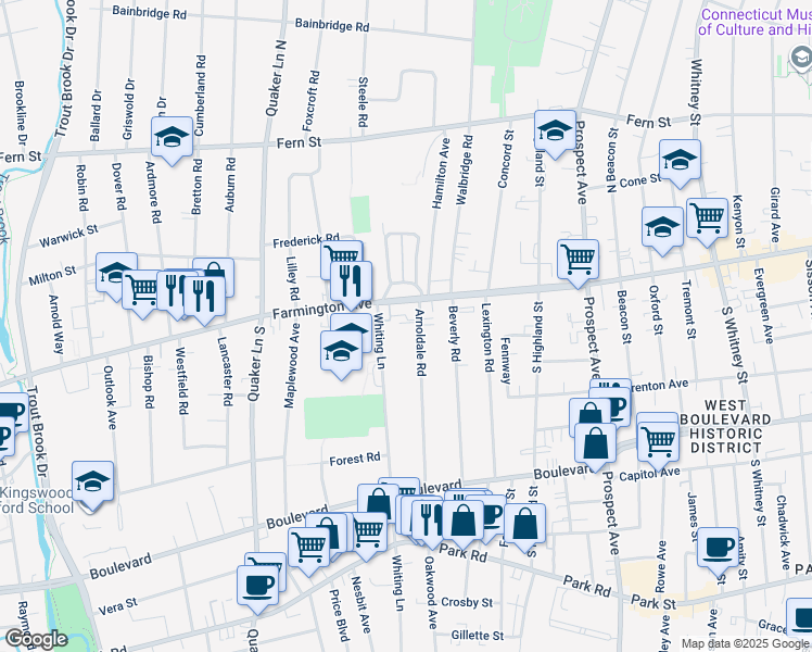 map of restaurants, bars, coffee shops, grocery stores, and more near 9 Arnoldale Road in West Hartford