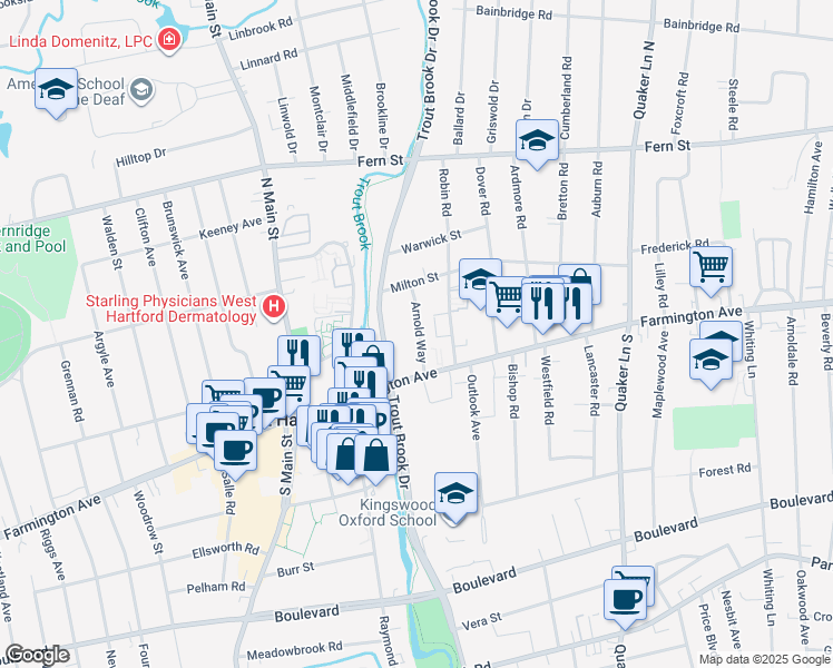 map of restaurants, bars, coffee shops, grocery stores, and more near 29 Robin Road in West Hartford