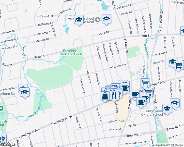 map of restaurants, bars, coffee shops, grocery stores, and more near 134 Whitman Avenue in West Hartford