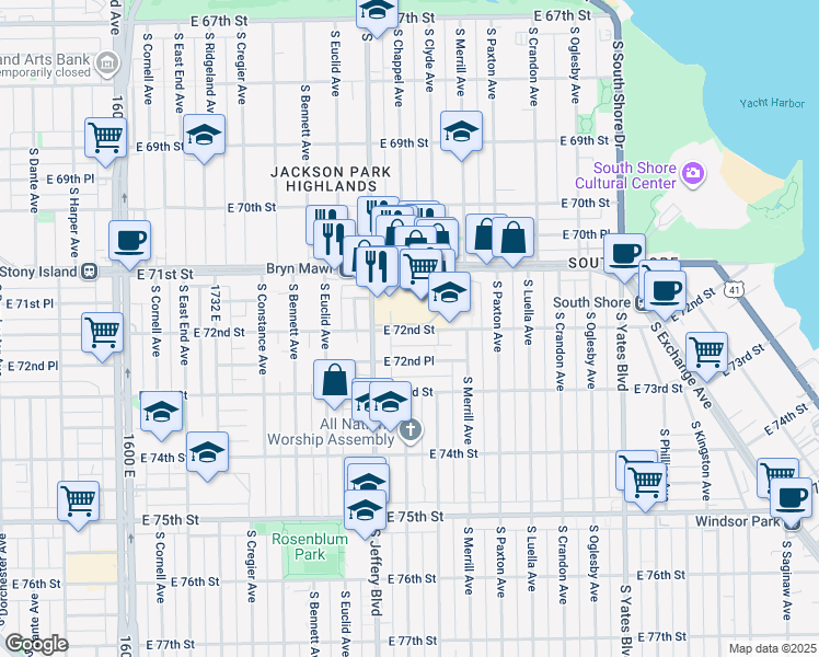 map of restaurants, bars, coffee shops, grocery stores, and more near 2041 East 72nd Street in Chicago