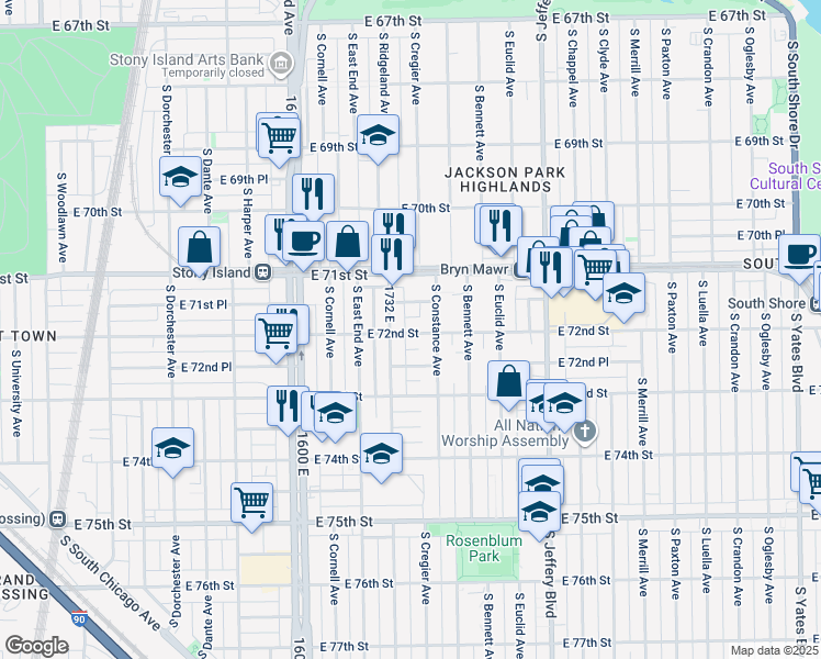 map of restaurants, bars, coffee shops, grocery stores, and more near 1734 East 72nd Street in Chicago