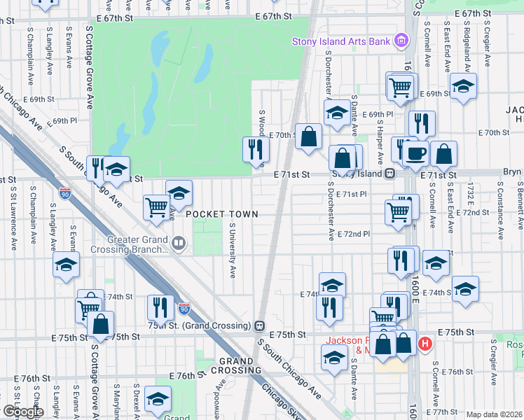 map of restaurants, bars, coffee shops, grocery stores, and more near 7147 South Woodlawn Avenue in Chicago