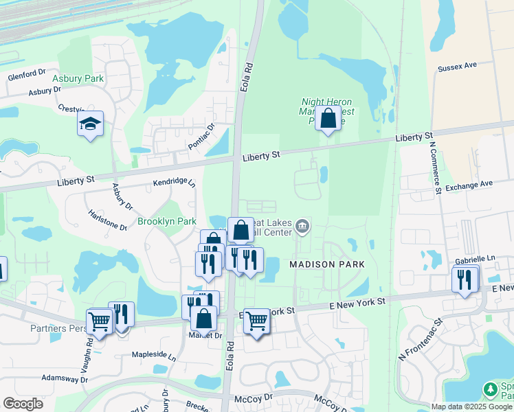 map of restaurants, bars, coffee shops, grocery stores, and more near 819 North Eola Road in Aurora