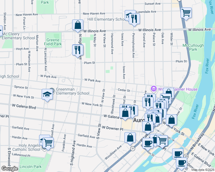 map of restaurants, bars, coffee shops, grocery stores, and more near 446 West Park Avenue in Aurora
