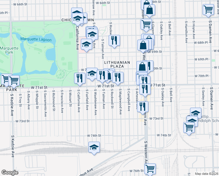 map of restaurants, bars, coffee shops, grocery stores, and more near 2607 West 71st Street in Chicago