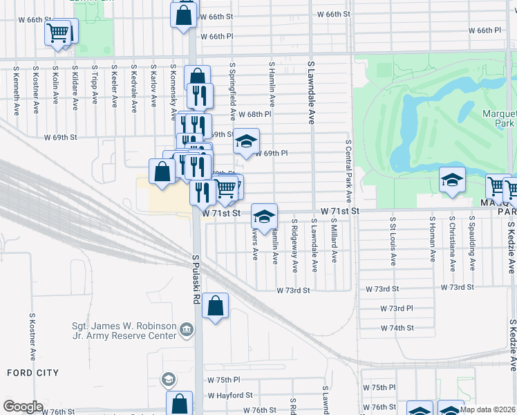 map of restaurants, bars, coffee shops, grocery stores, and more near 3822 W 71st St in Chicago
