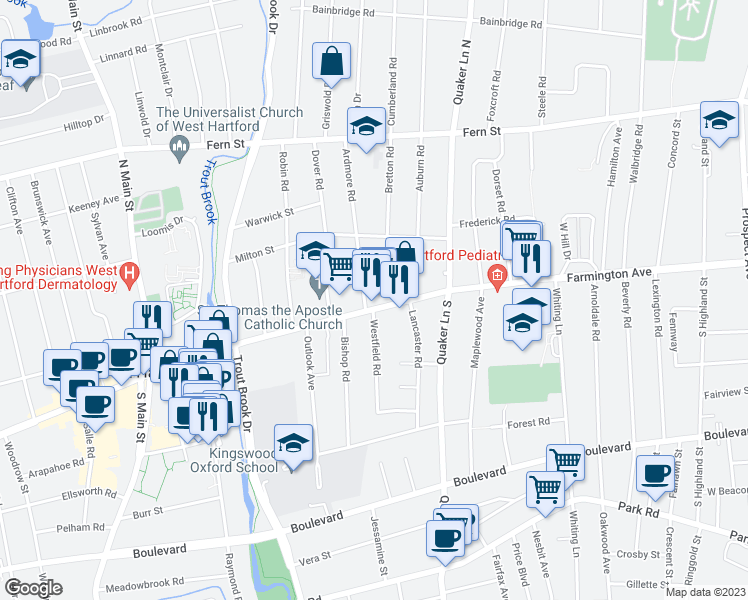 map of restaurants, bars, coffee shops, grocery stores, and more near 842 Farmington Avenue in West Hartford