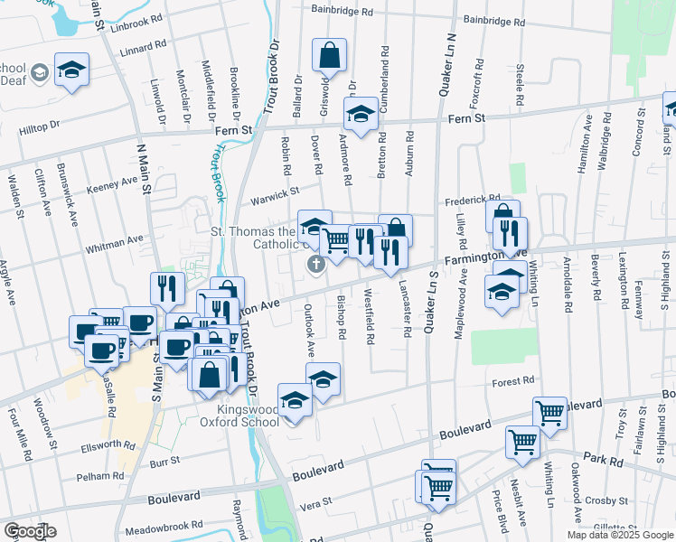 map of restaurants, bars, coffee shops, grocery stores, and more near 20 Dover Road in West Hartford