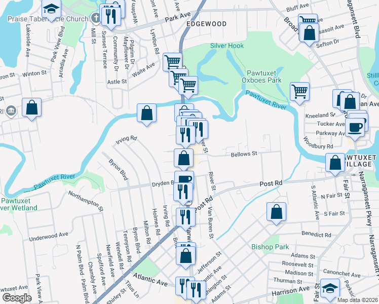 map of restaurants, bars, coffee shops, grocery stores, and more near 422 Warwick Avenue in Warwick