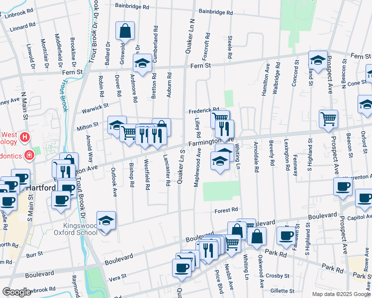 map of restaurants, bars, coffee shops, grocery stores, and more near 805 Farmington Avenue in West Hartford