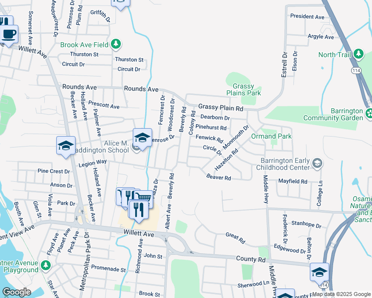 map of restaurants, bars, coffee shops, grocery stores, and more near 55 Colony Rd in East Providence