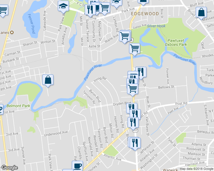 map of restaurants, bars, coffee shops, grocery stores, and more near 80 Holmes Road in Warwick