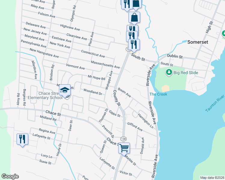 map of restaurants, bars, coffee shops, grocery stores, and more near 2359 County Street in Somerset