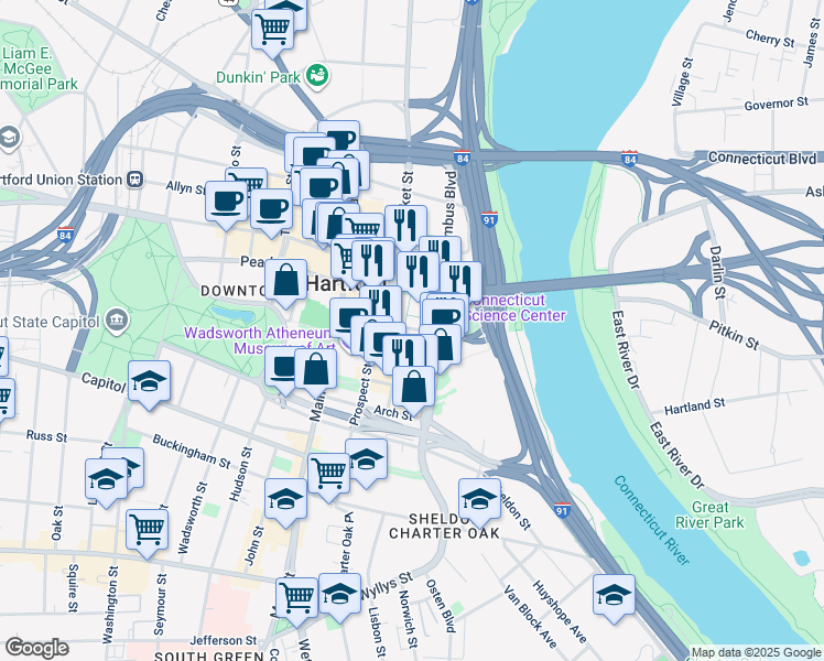 map of restaurants, bars, coffee shops, grocery stores, and more near 1 Atheneum Square in Hartford