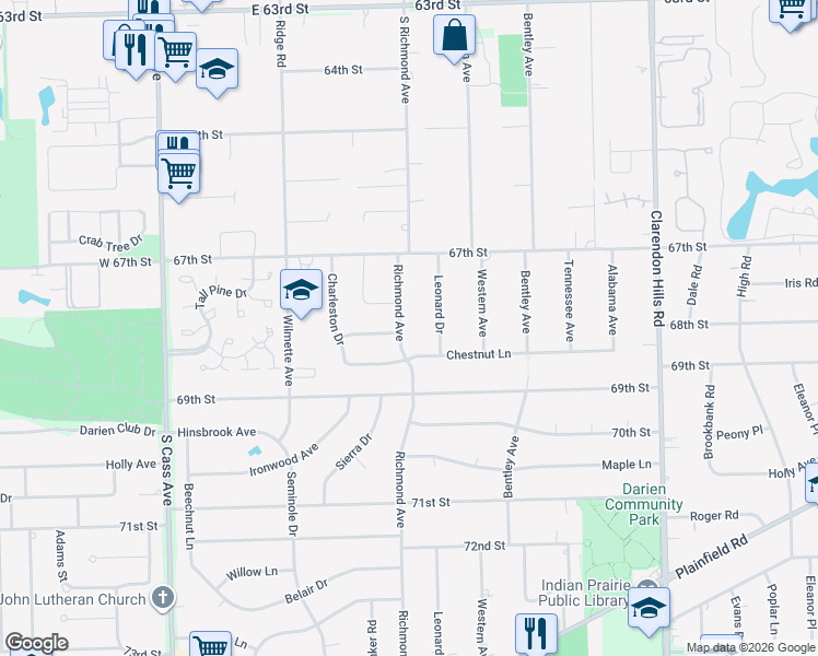 map of restaurants, bars, coffee shops, grocery stores, and more near 6801 Richmond Avenue in Darien