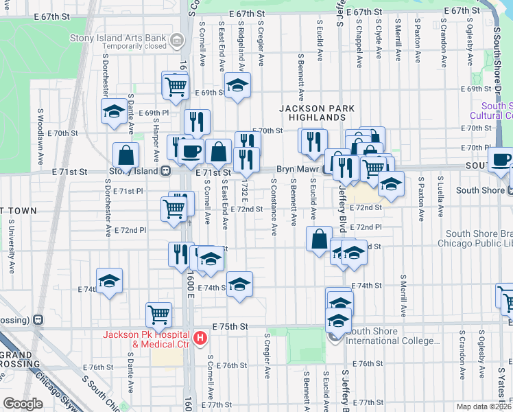map of restaurants, bars, coffee shops, grocery stores, and more near 1734 East 72nd Street in Chicago