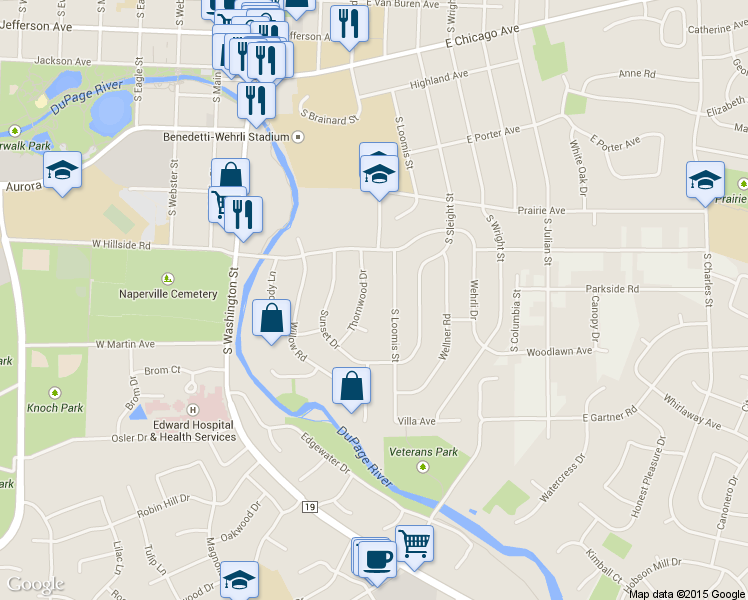 map of restaurants, bars, coffee shops, grocery stores, and more near 638 Thornwood Drive in Naperville